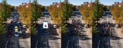 Vier Bilder auf der gleichen Straße (1. Autos; 2. Bus; 3; Fahrradfahrer*innen; Fußgänger*innen)